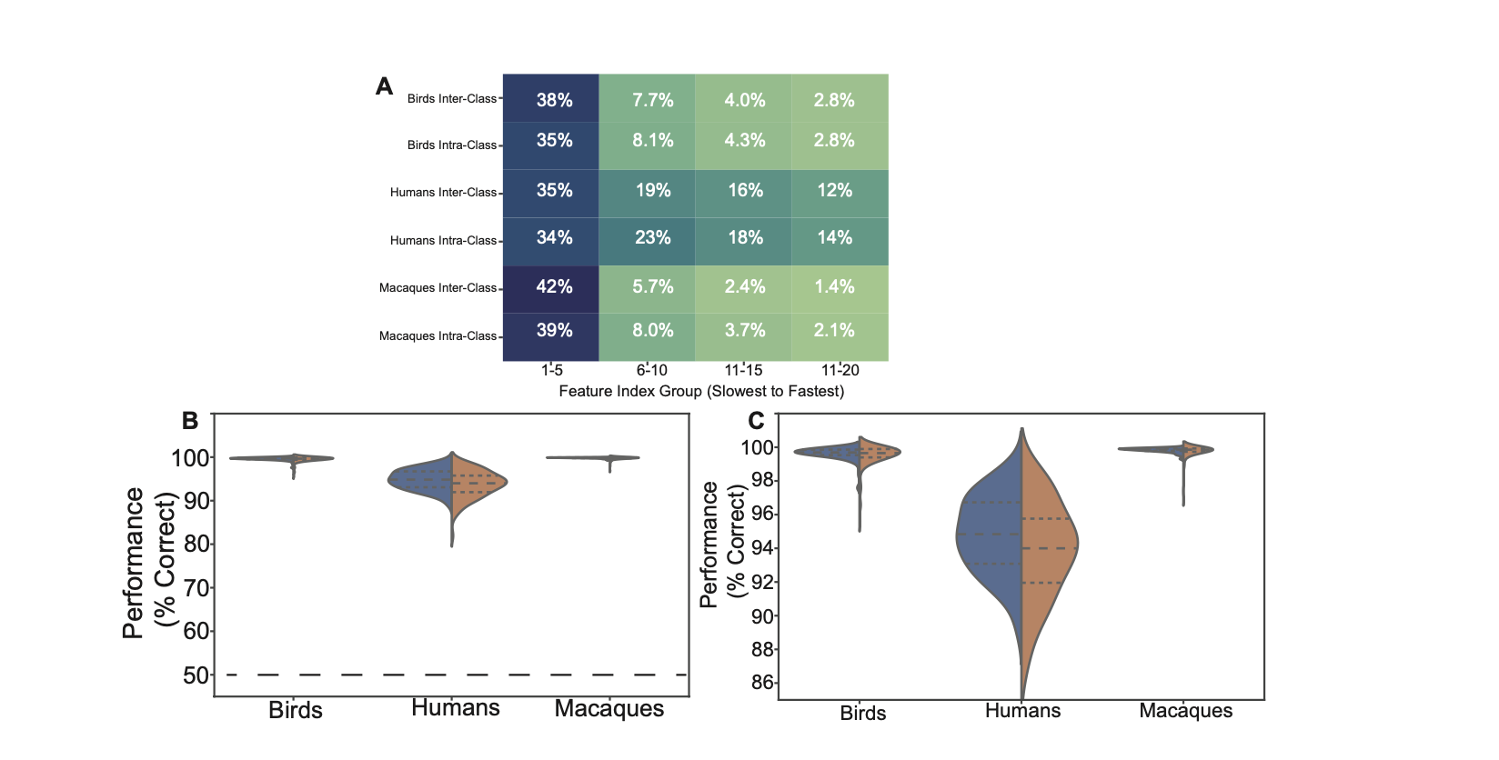 A performance heatmap showing that shuffling the slowest 5 features (dark blue columns) causes a significant drop in accuracy, whereas shuffling faster features has little impact. This confirms that 'slowness' carries the critical identity information.